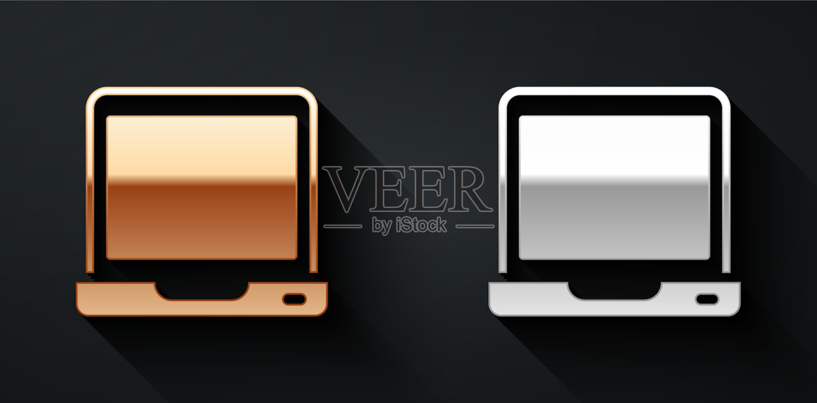 金色和银色笔记本电脑图标孤立在黑色图标素材