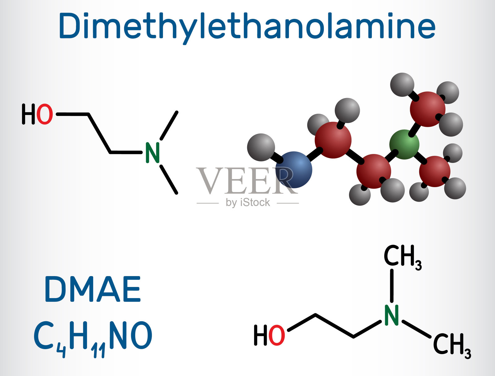 二甲乙醇胺，二甲乙醇，DMAE, DMEA分子。它是叔胺、固化剂和自由基清除剂。结构化学式，分子模型。插画图片素材