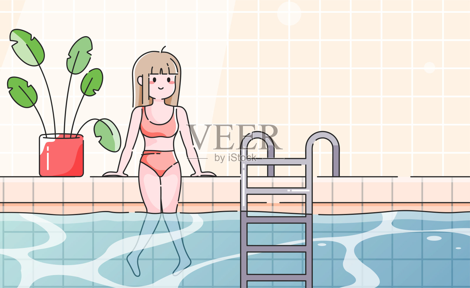 夏季泳池背景矢量插图。夏天，女孩在游泳池里上游泳课。插画图片素材