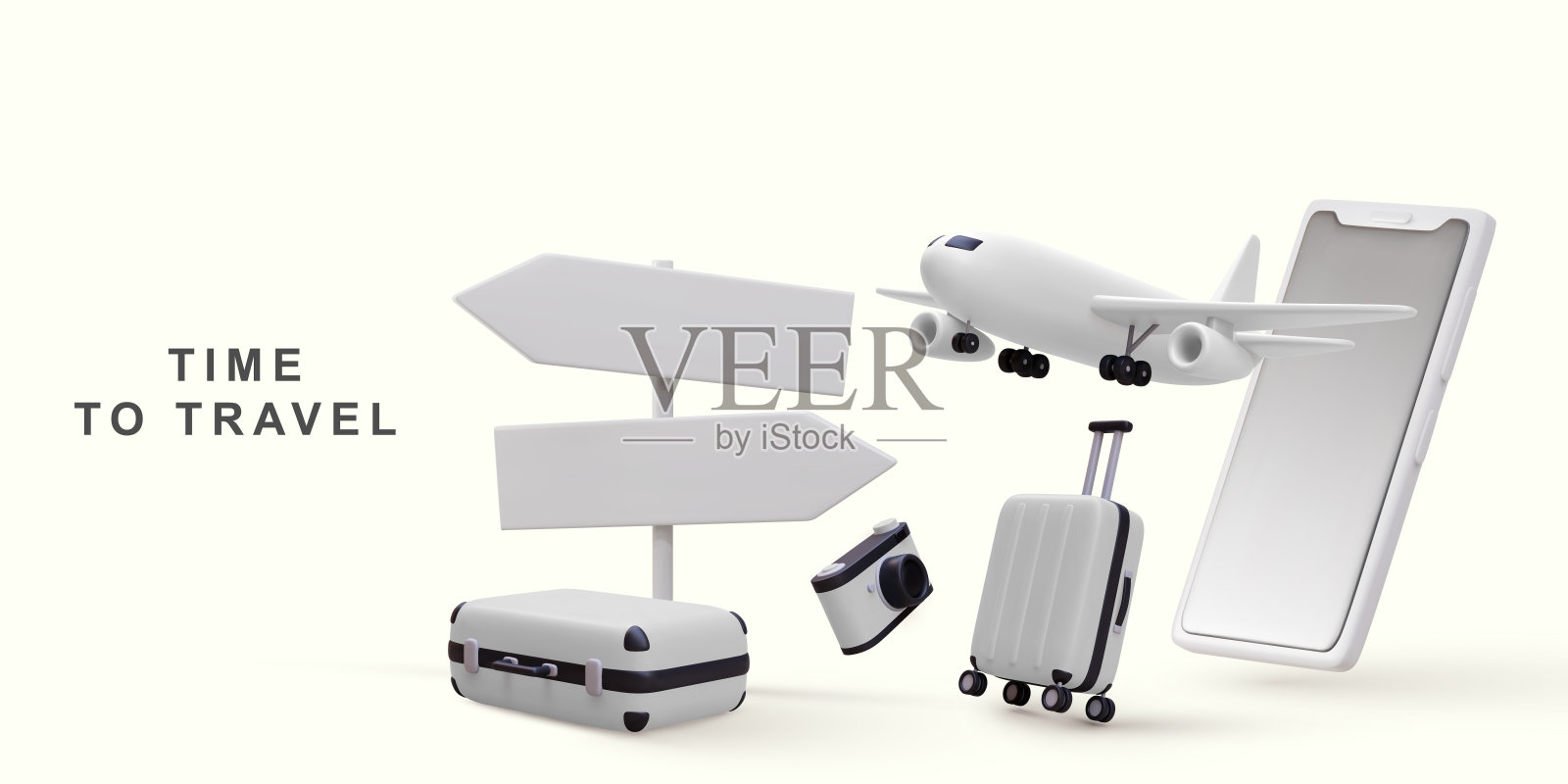 3d行李箱和飞机。手机旅游在线预订服务。矢量插图。插画图片素材