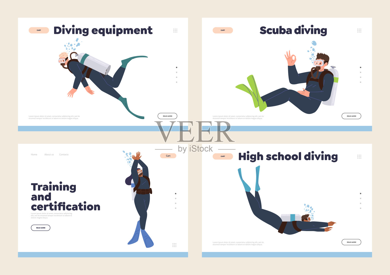 一套提供专业潜水课程的登陆页面，包括培训、认证和设备插画图片素材