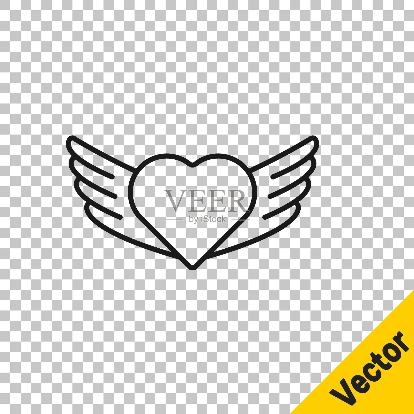 黑线心脏与翅膀图标隔离在透明的背景。爱的象征。情人节快乐。向量插画图片素材