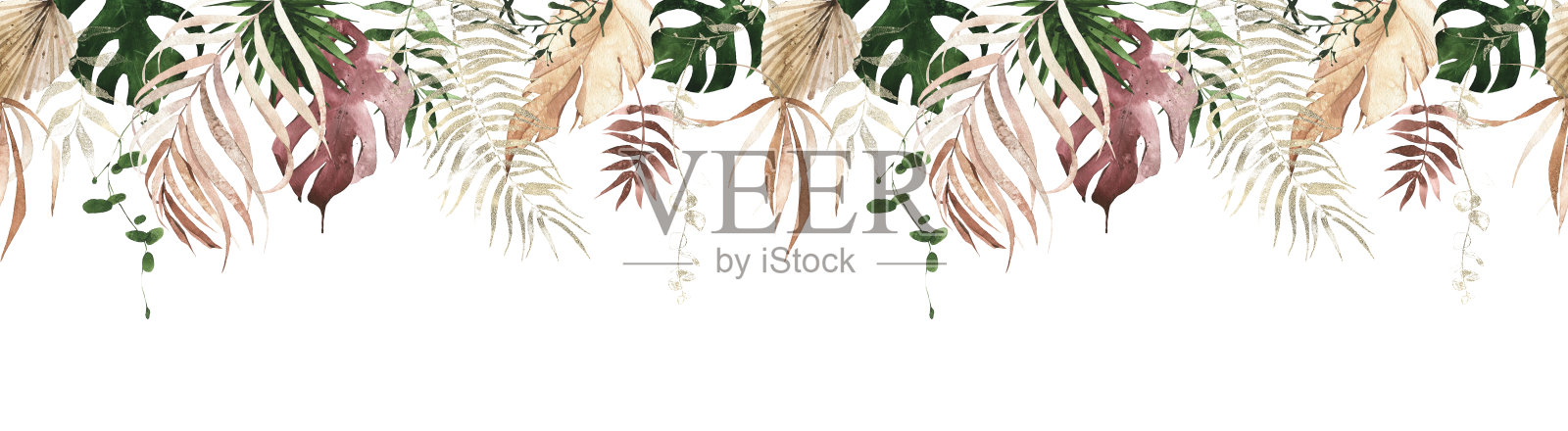 水彩无缝框架。橙色，黄色，酒红色，绿色异国情调的棕榈枝，怪物叶，小枝，金色的元素插画图片素材