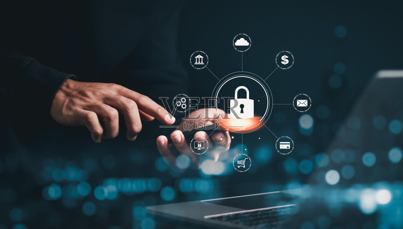 网络安全概念。保护用户隐私网络和私人数据访问与挂锁图标。照片摄影图片