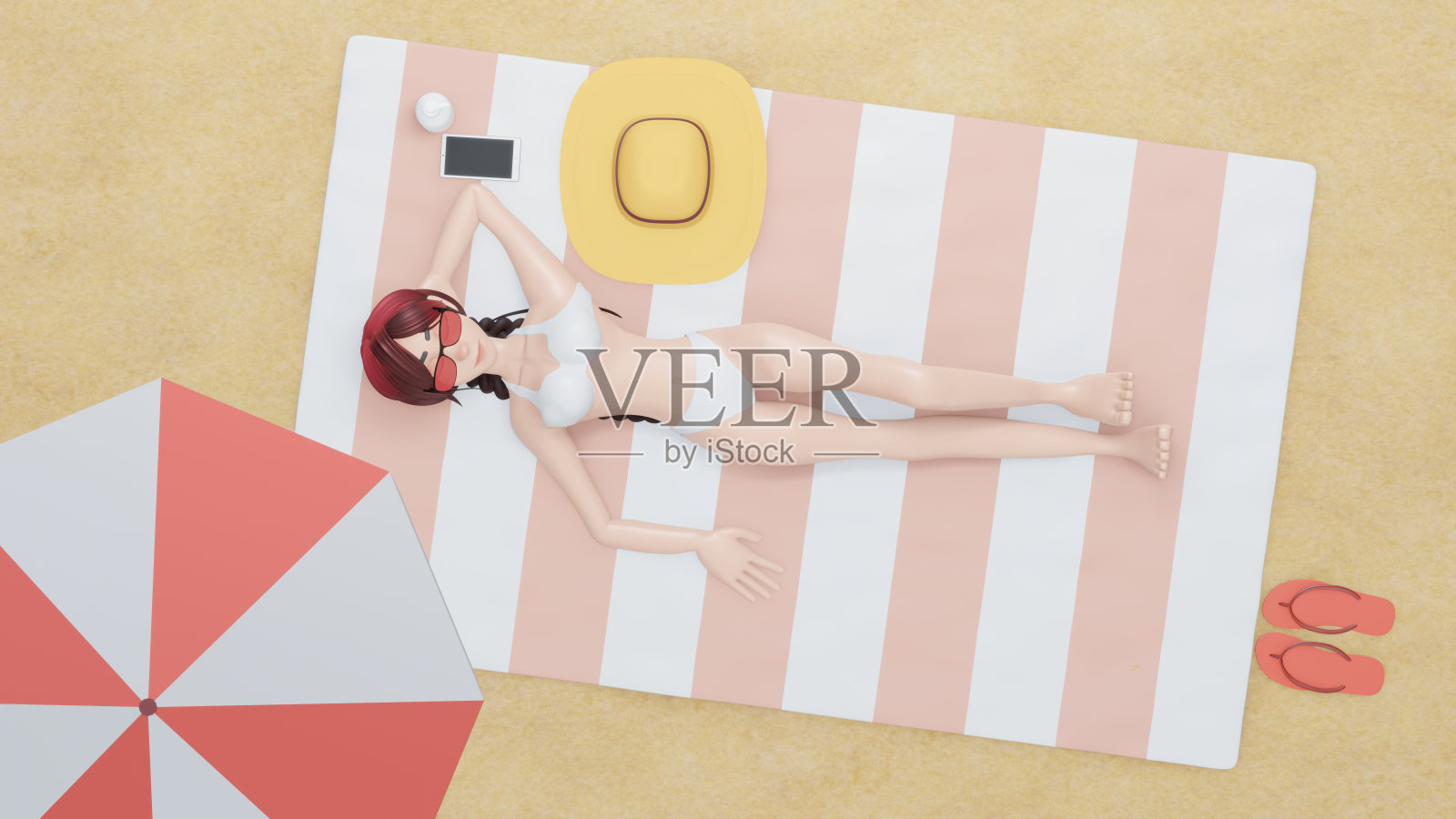 3 d渲染。美女在海滩上晒日光浴。照片摄影图片