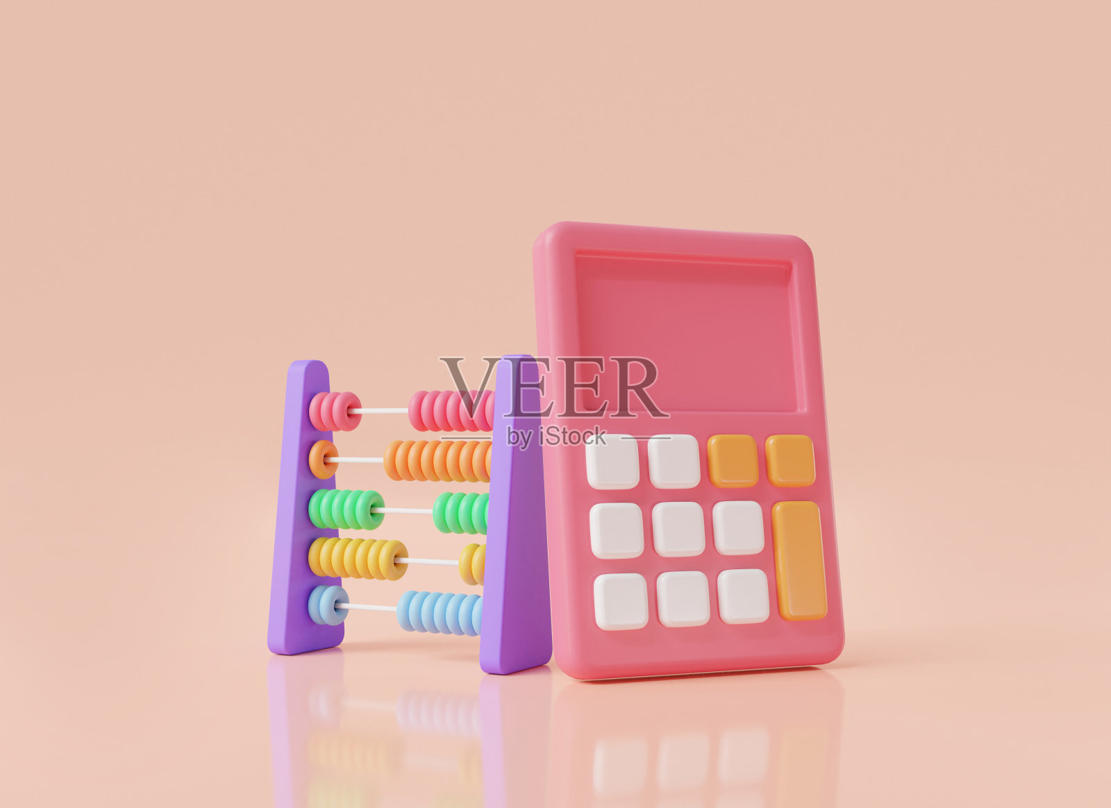 珠算彩色珠与计算器会计。财务管理理念，学习计算，数学工具，数学设备计算，玩具算盘。3d图标渲染图。卡通最小照片摄影图片