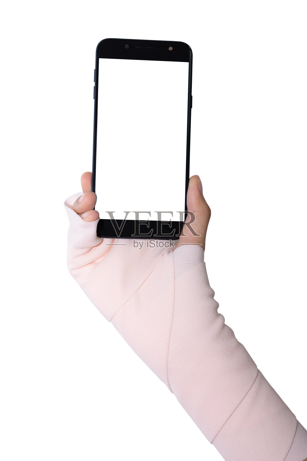 手与智能手机在白色背景隔离，用手指触摸屏幕，用手握住。照片摄影图片