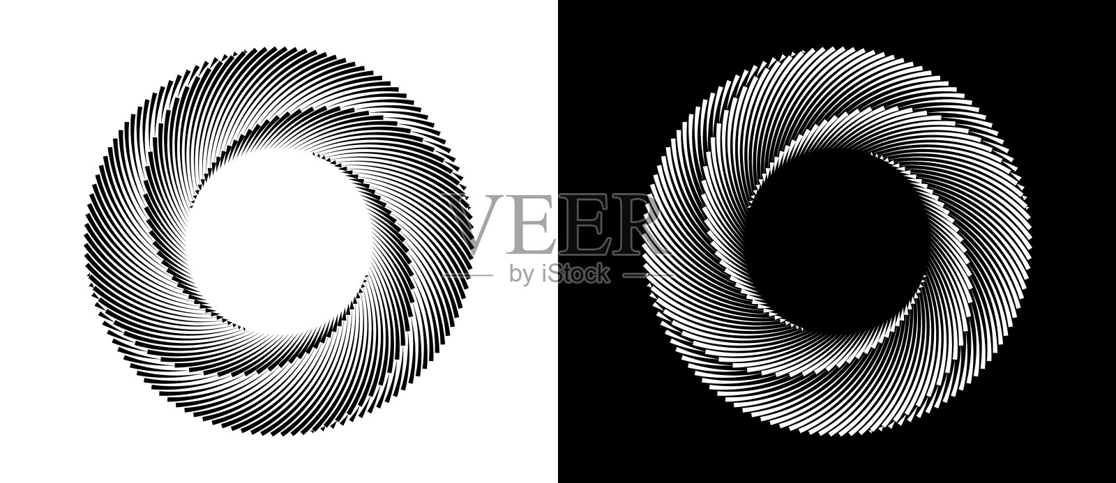 圆形抽象背景。动态转换的错觉。白色背景上的黑线和黑色侧面上的白线。4部分圈。插画图片素材