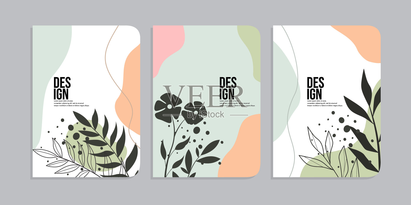 一套书的封面设计与手绘花卉装饰。美丽的植物抽象背景。大小A4笔记本，规划师，宣传册，书，目录插画图片素材