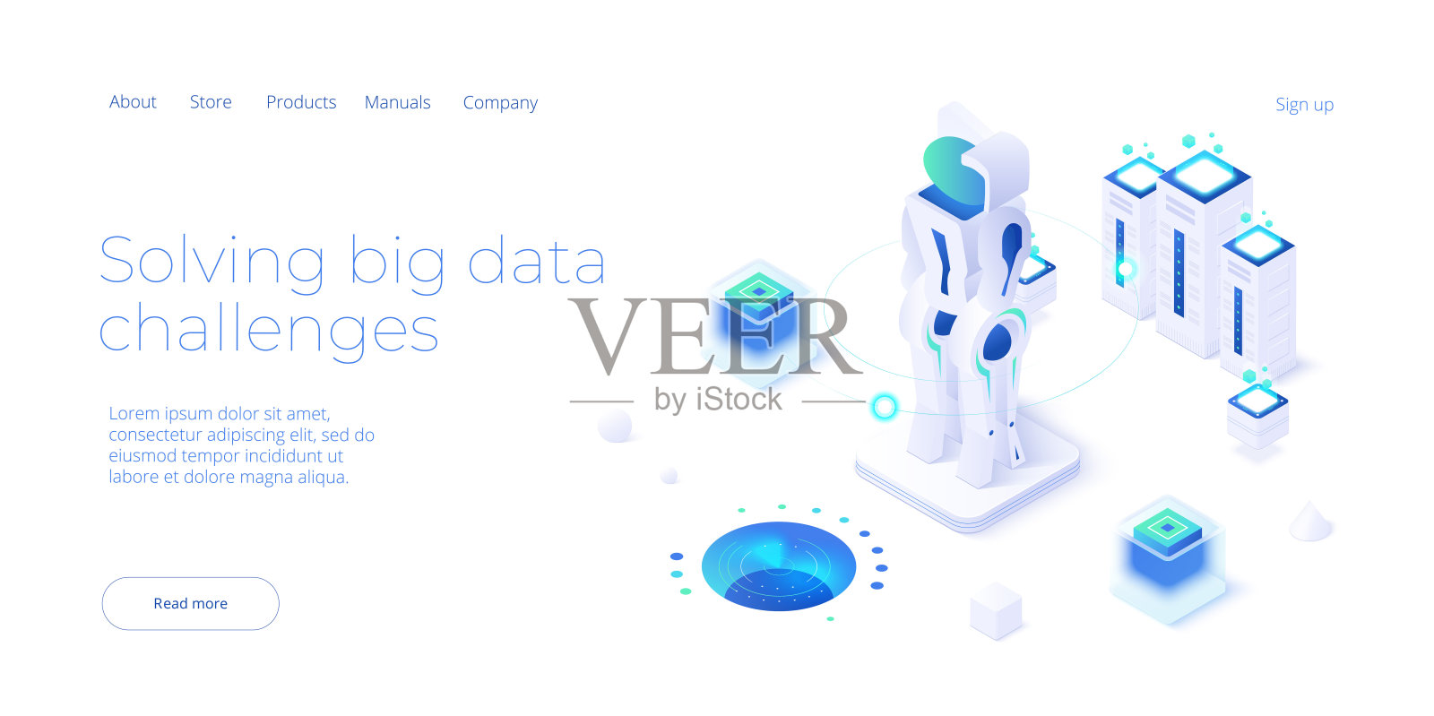 聊天机器人或人工智能网络概念在等距矢量插图。具有机器人头部和神经元连接的神经网络或人工智能技术背景。网页横幅布局模板插画图片素材