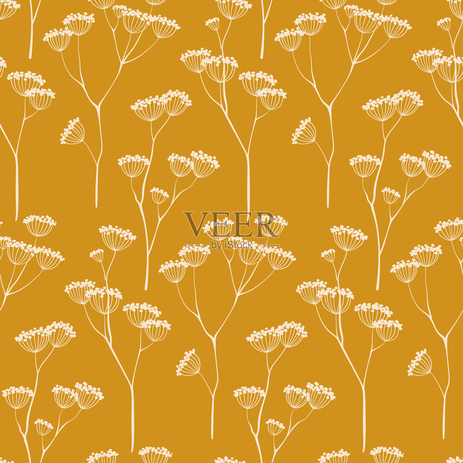 无缝花卉图案与干花枝在黄色的背景。矢量插图。插画图片素材