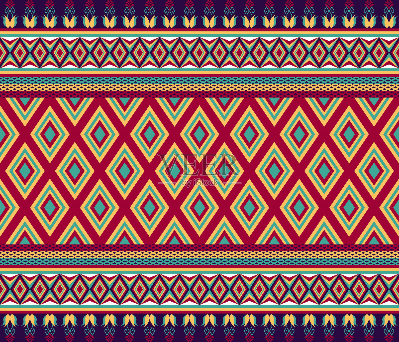 色彩斑斓的民族民间几何无缝图案有红、黄插画图片素材