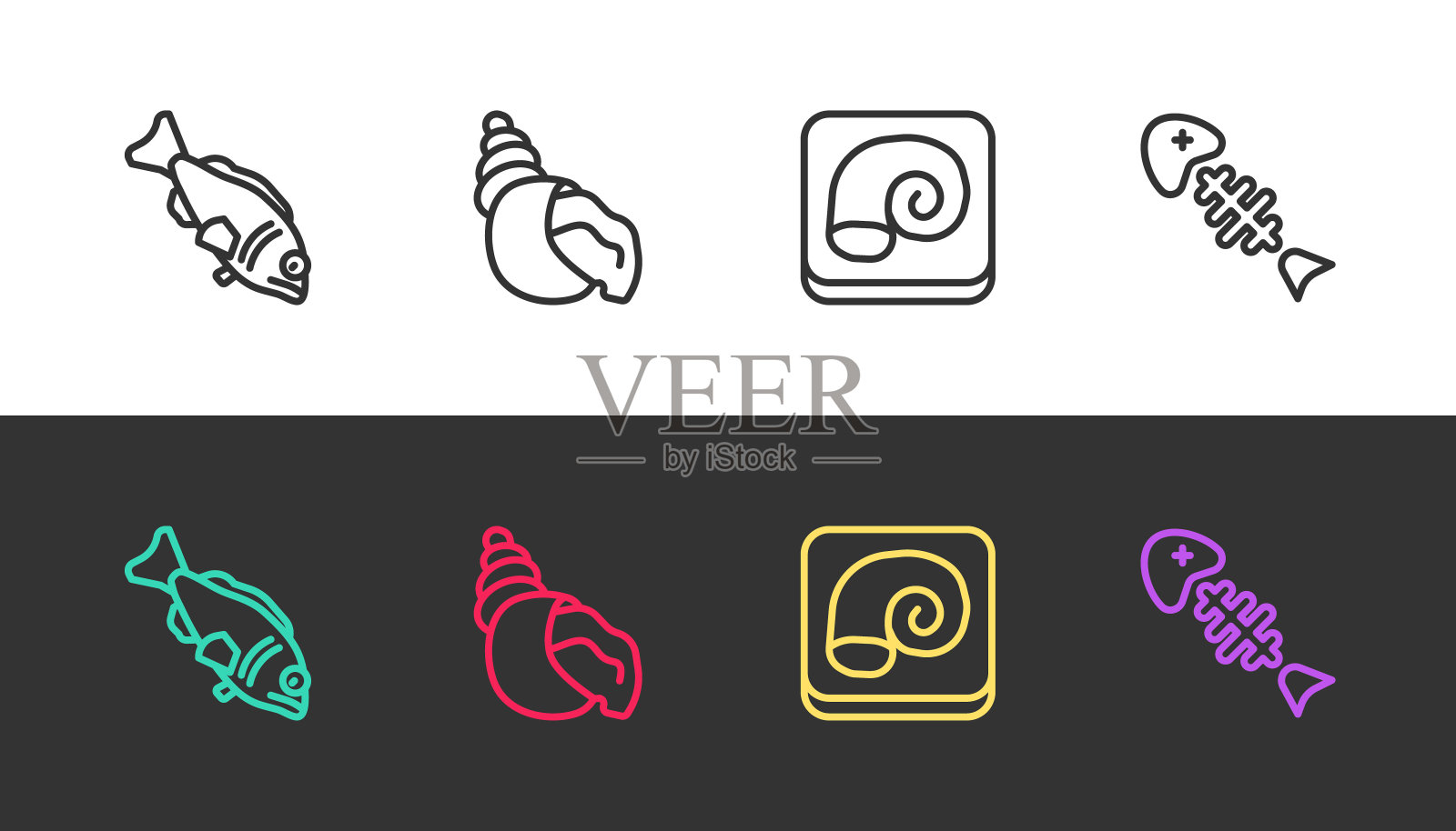 鱼片、扇贝、章鱼，鱼骨黑白两色。向量插画图片素材