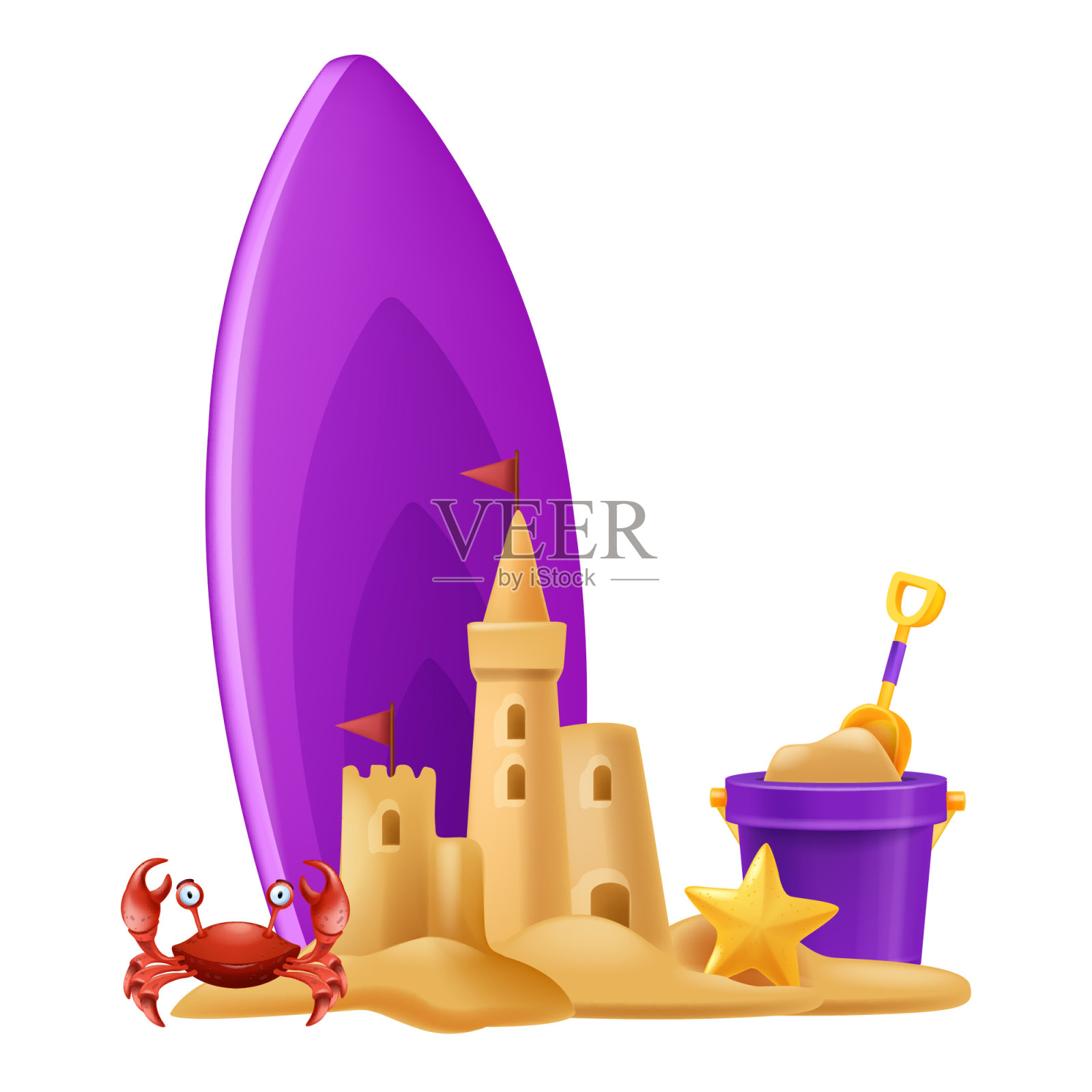 3D沙堡夏季插图，海滩孩子矢量度假建筑，桶，铲，蟹。插画图片素材