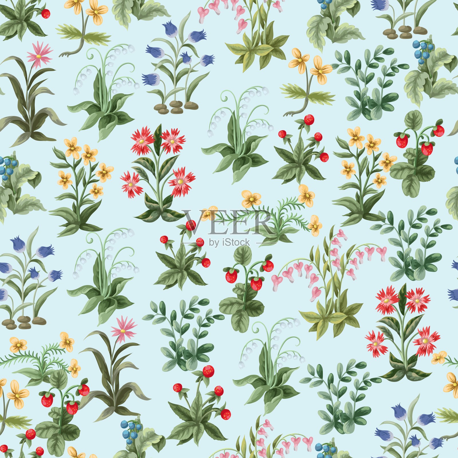 无缝图案与花朵在中世纪戈培伦风格孤立。向量。插画图片素材