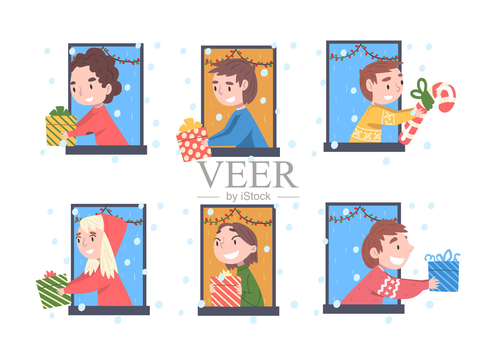 可爱的小男孩和小女孩看着窗外插画图片素材