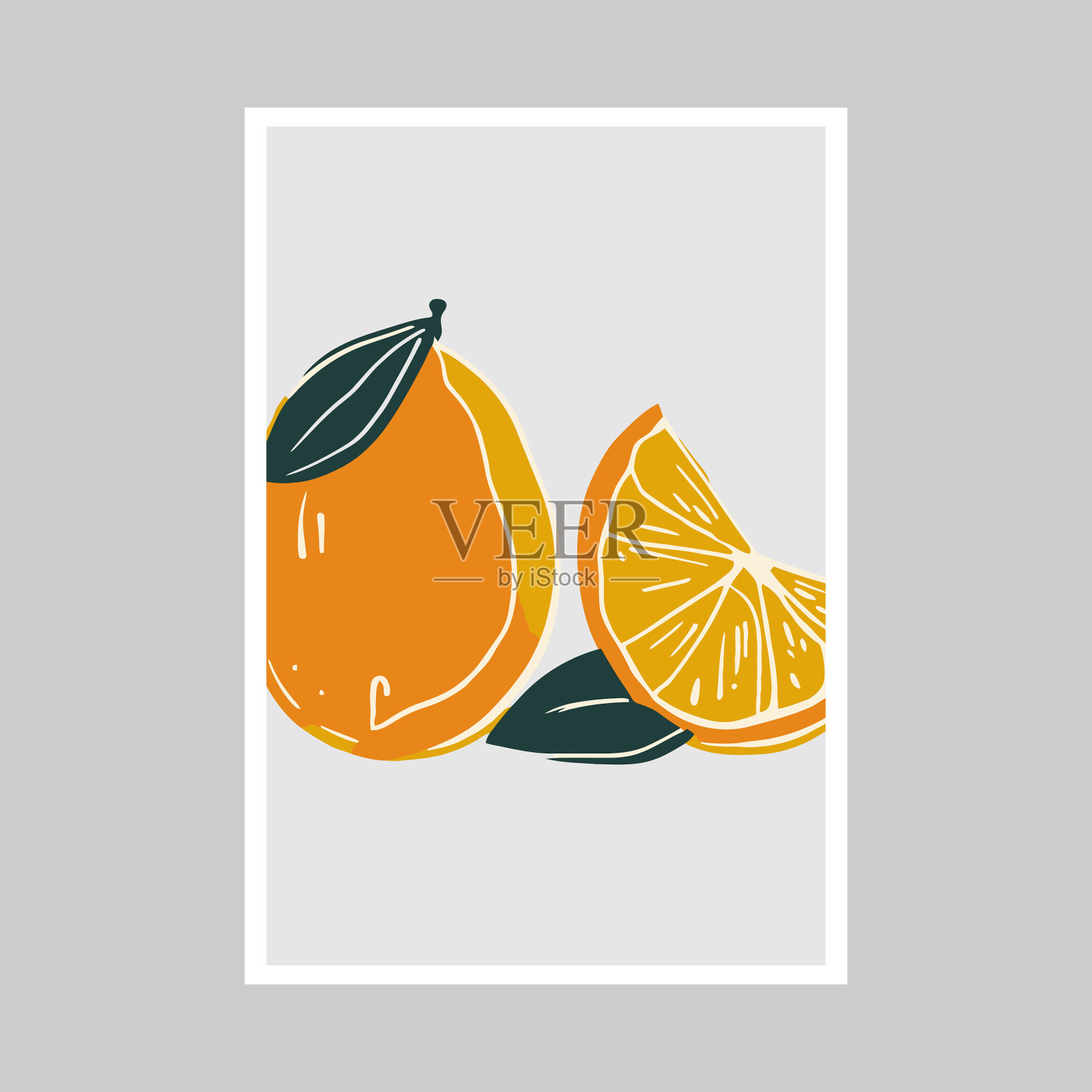 柠檬和橘子在一个方形框架手绘插画图片素材