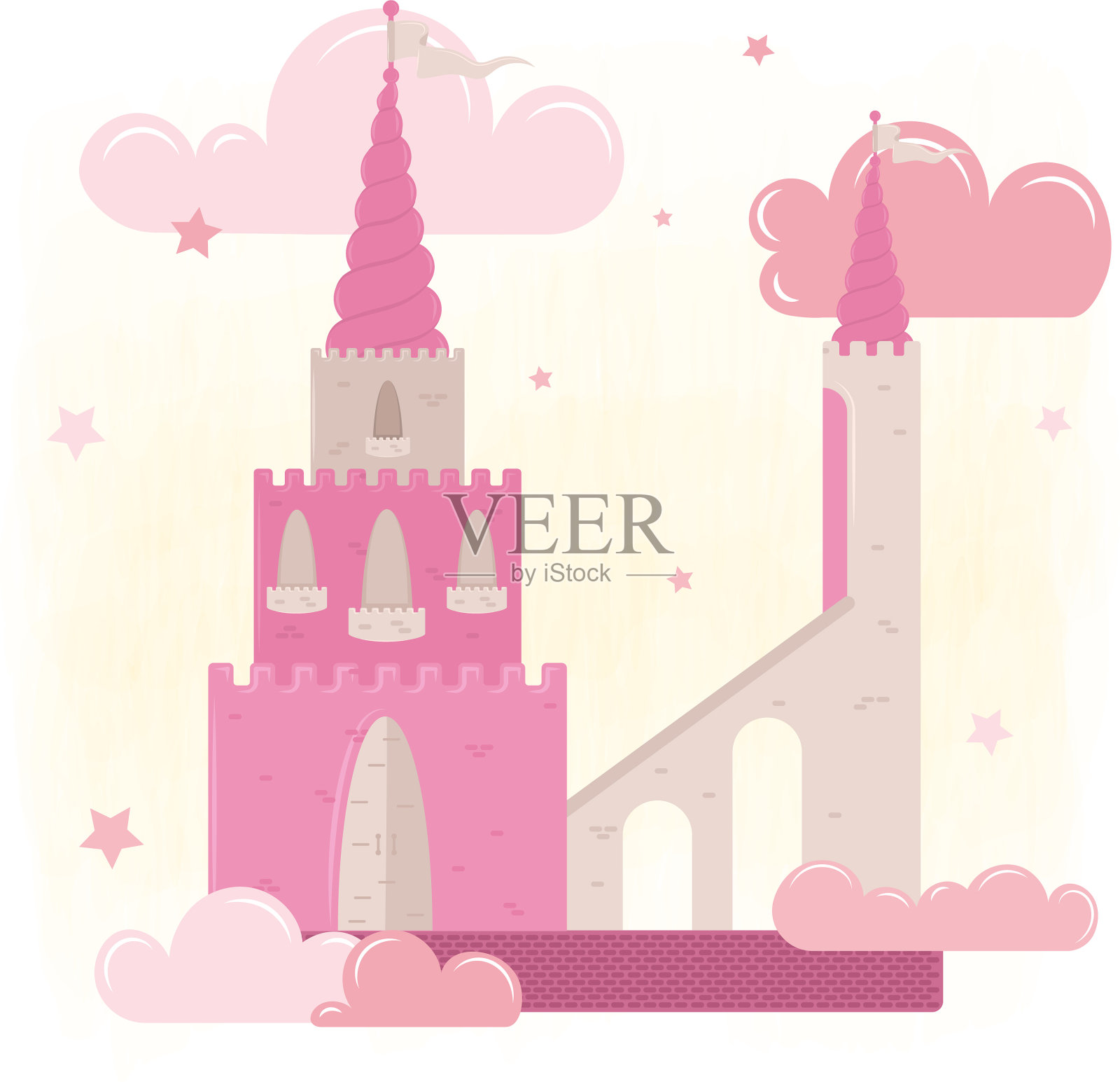 孤立的魔法城堡云和星星插画图片素材