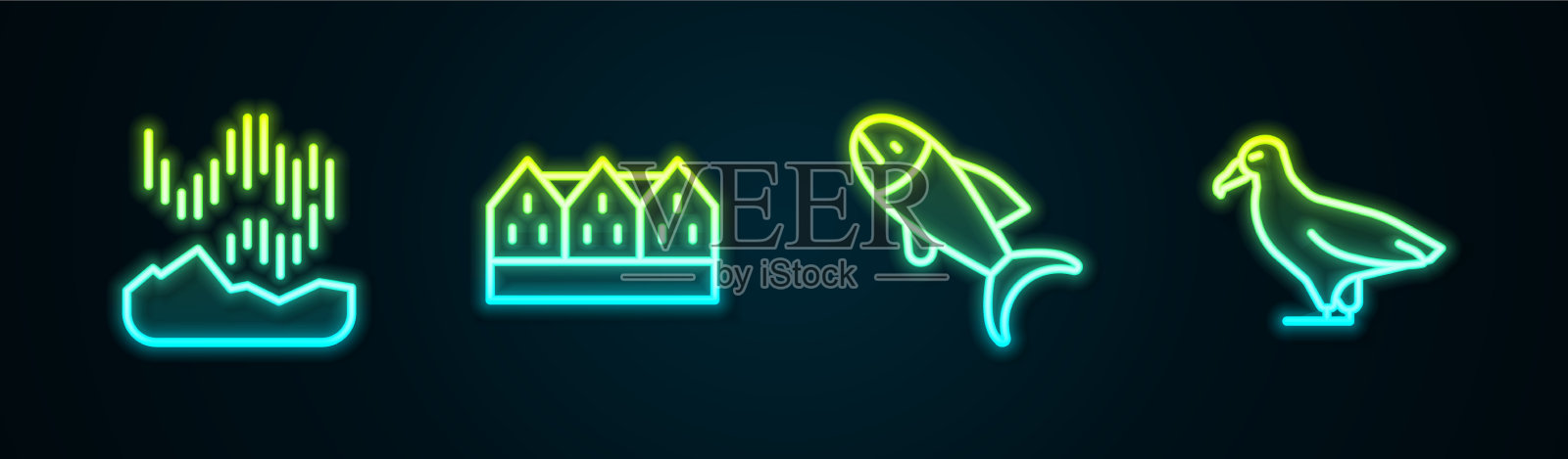 设置线北极光挪威木屋插画图片素材