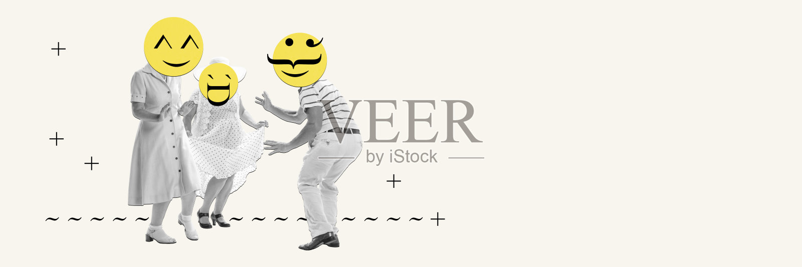 当代艺术拼贴。创意设计。积极的情绪。一群人穿着复古的衣服跳舞，玩得很开心照片摄影图片