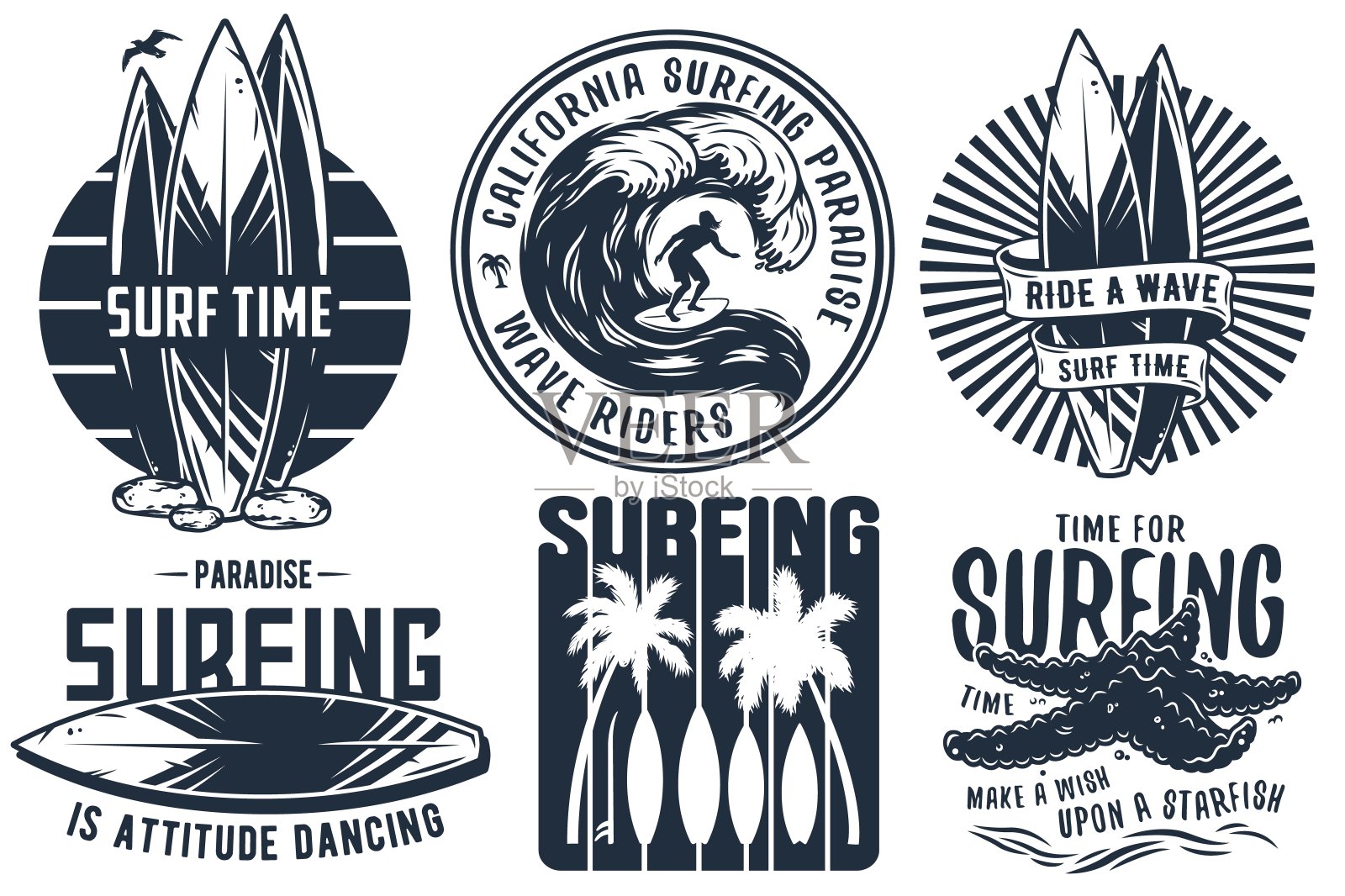 夏季冲浪印刷集冲浪者，沙卡，提基插画图片素材