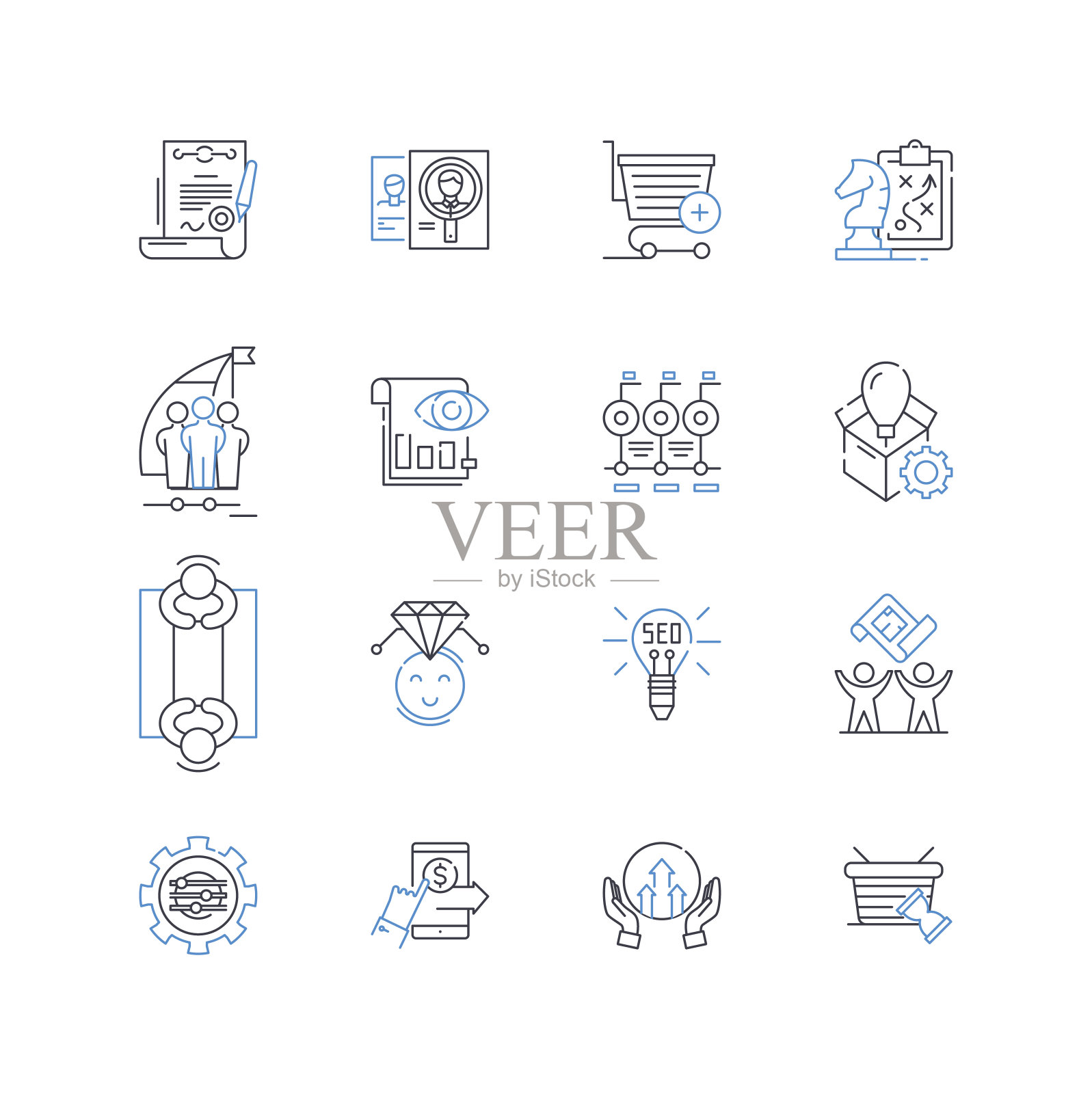 视觉和远见线图标集合。感知，洞察力，预期，视角，预览，预感，期望矢量和线性插图。预言，预测，直觉轮廓标志设置图标素材