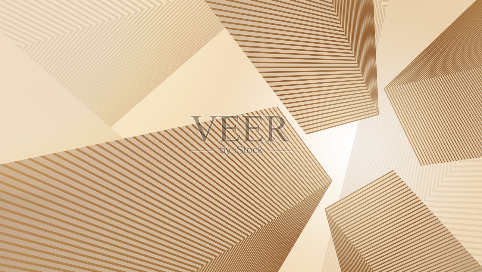 抬头看看由金色线条组成的抽象建筑。抽象几何形状。未来主义的背景设计。插画图片素材