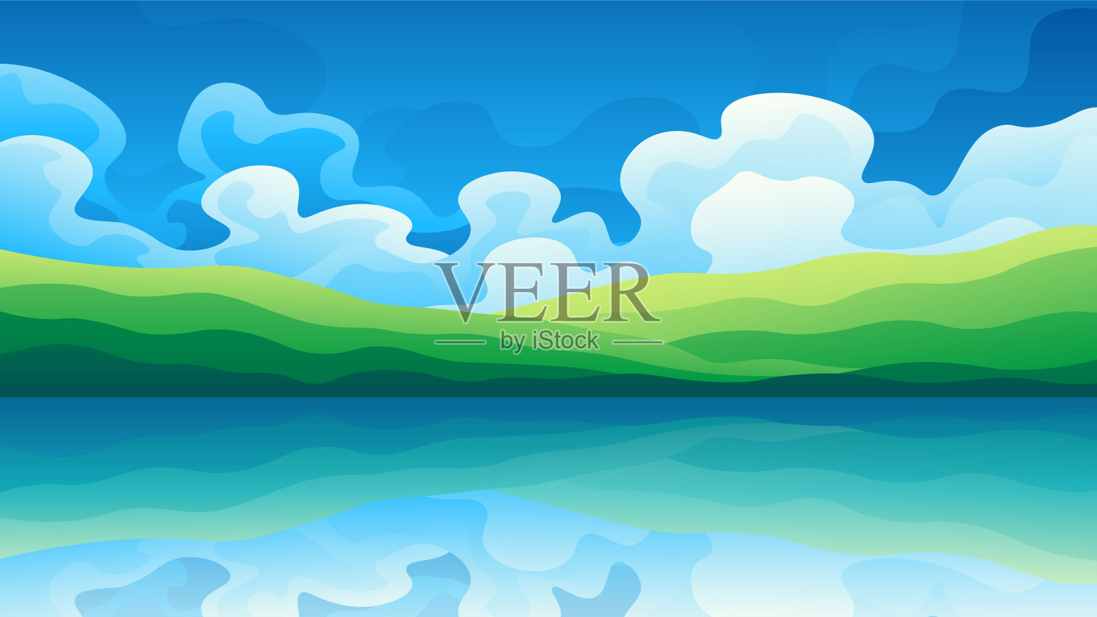 一个靠近大海的热带绿色丘陵岛屿的景色。插画图片素材