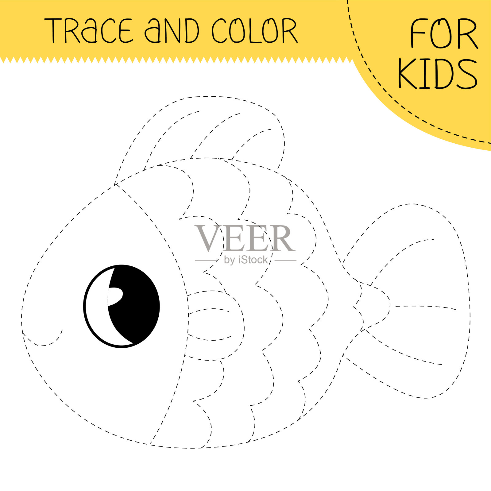 绘有金鱼的儿童着色书。用卡通鱼着色页。广场的插图。插画图片素材