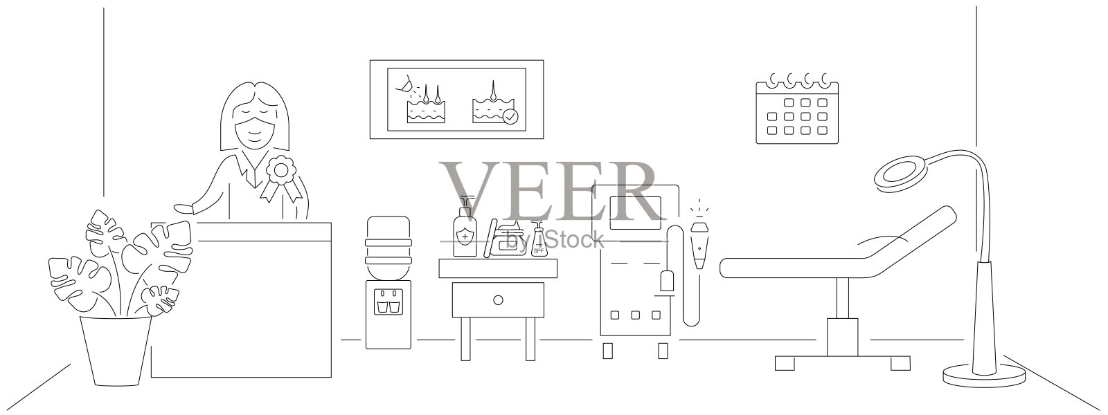激光治疗柜概念。美容美发室。沙龙或诊所接待。美容院室内设有床等器械。时尚线条风格。沙龙的背景。矢量图插画图片素材
