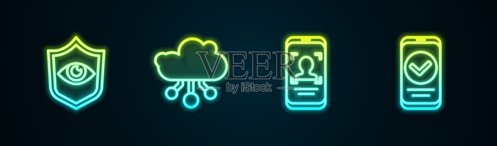 产品线:护眼、物联网、移动人脸识别、智能手机。发光的霓虹灯图标。向量插画图片素材