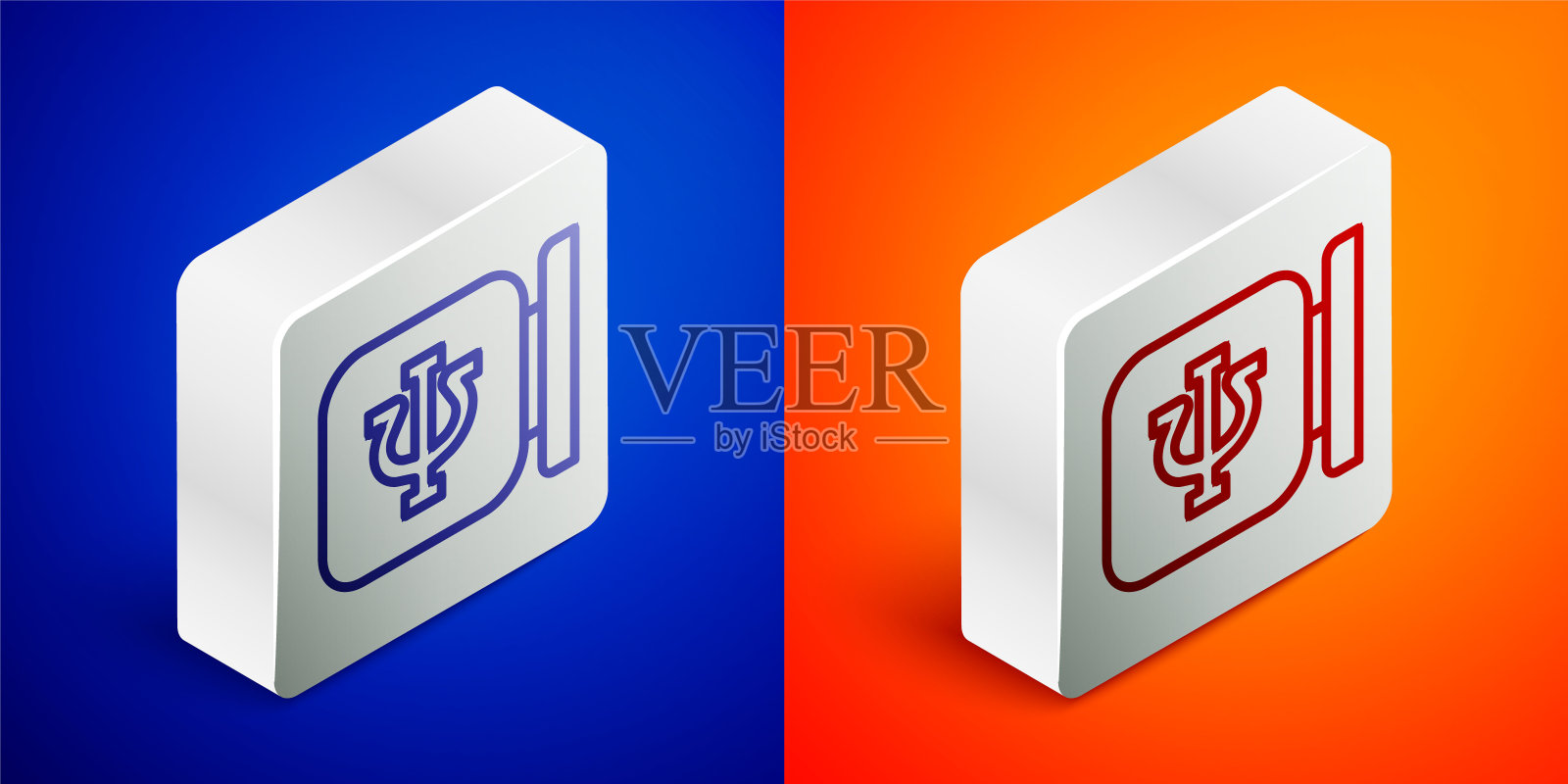 等距线心理学图标隔离在蓝色和橙色背景。Psi的象征。心理健康概念、精神分析分析与心理治疗。银色方形按钮。向量图标素材