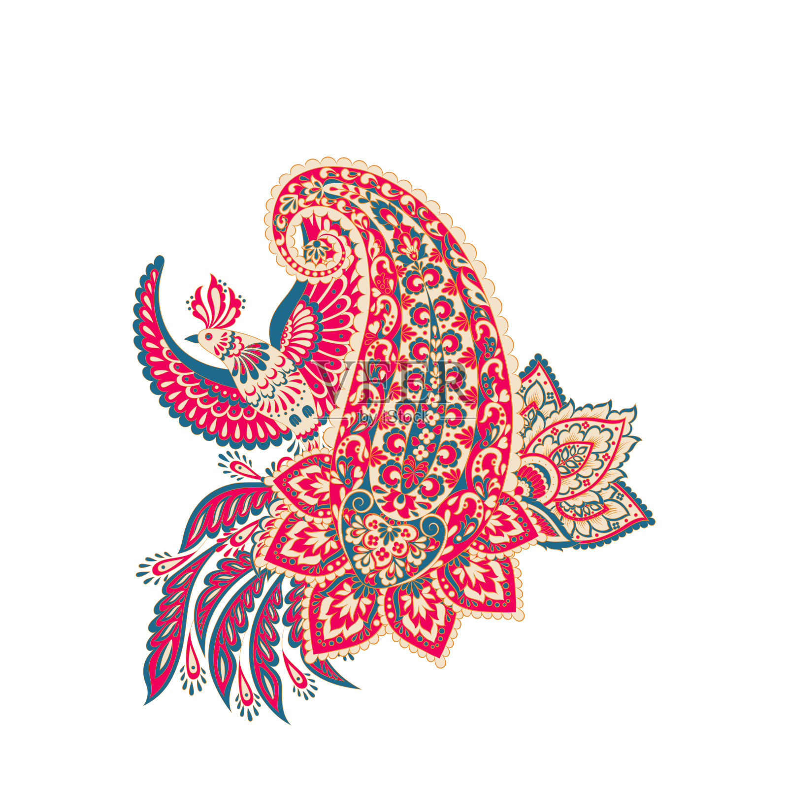 飞鸟和佩斯利花被隔离。带有佩斯利图案的卡片。花卉矢量图案。刺绣花卉矢量图案。插画图片素材