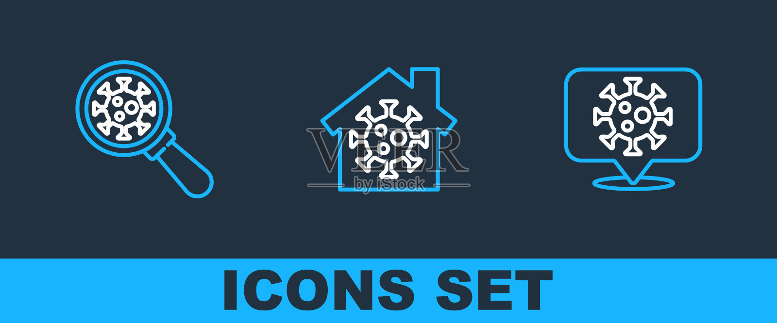 设置线冠状病毒位置，病毒在放大镜下，待在家里图标。向量图标素材