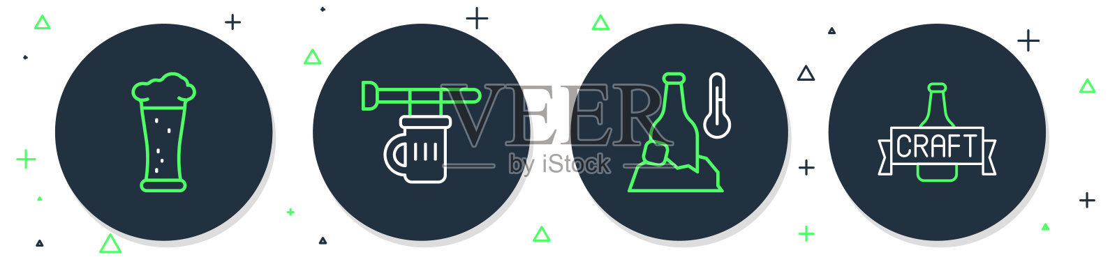 设置线招牌与啤酒，冷瓶，玻璃和啤酒图标的玻璃。向量图标素材