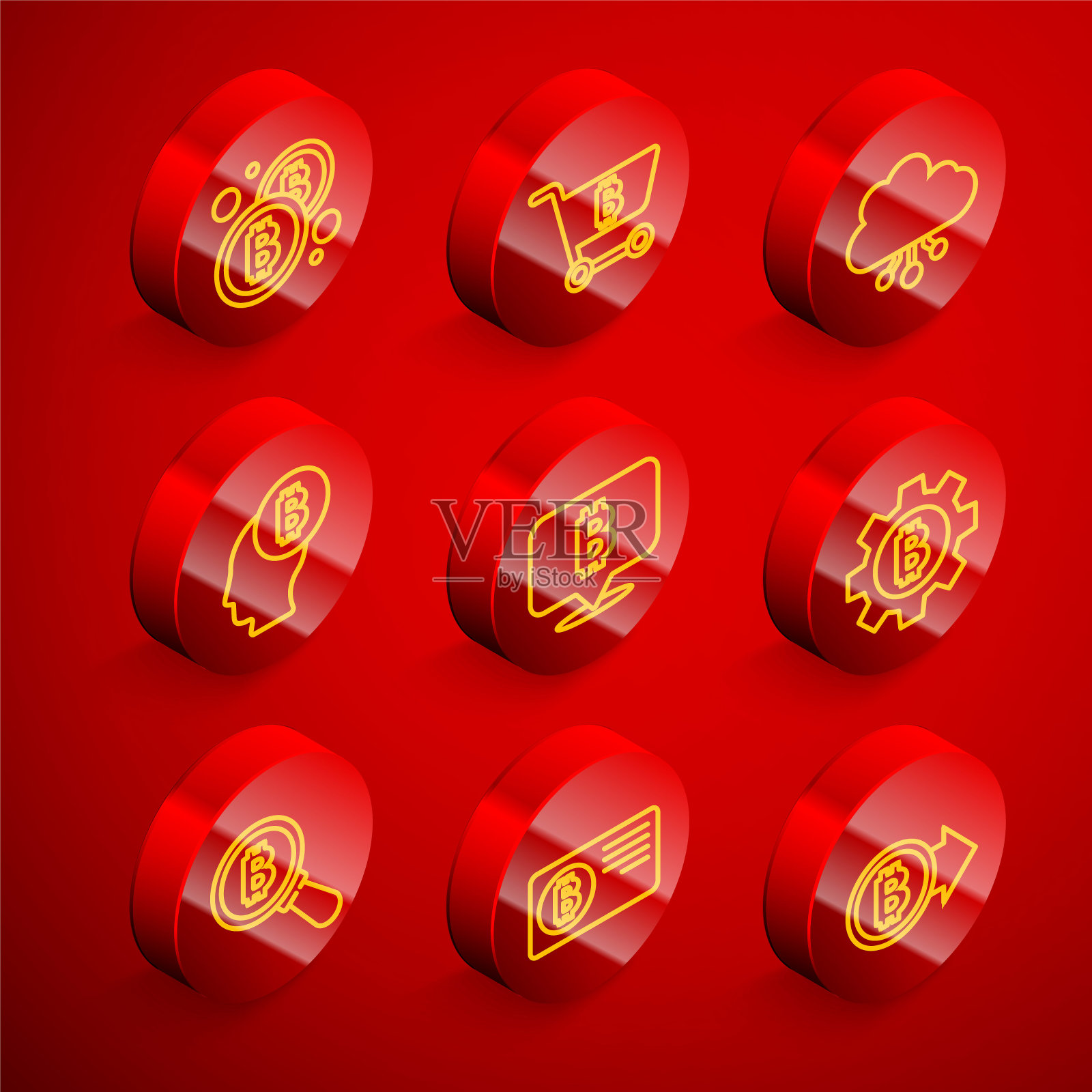 设置线比特币，购物车与比特币，加密货币云挖掘，思考，放大镜和信用卡图标。向量图标素材