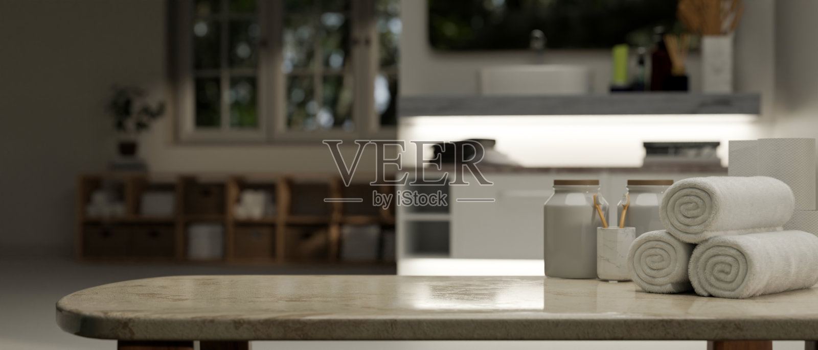 在桌子上复制空间，在浴室的模糊背景上放毛巾、牙刷和装饰品照片摄影图片