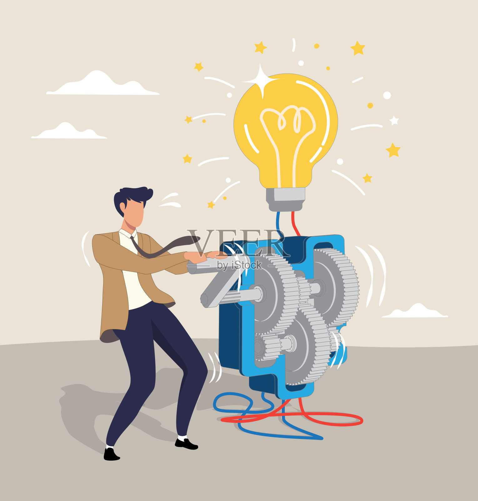 产生想法或创造力和创新发明新的商业理念。聪明的商人经理用他所有的力量和技巧来转动齿轮组。灯泡用机械灯管插画图片素材