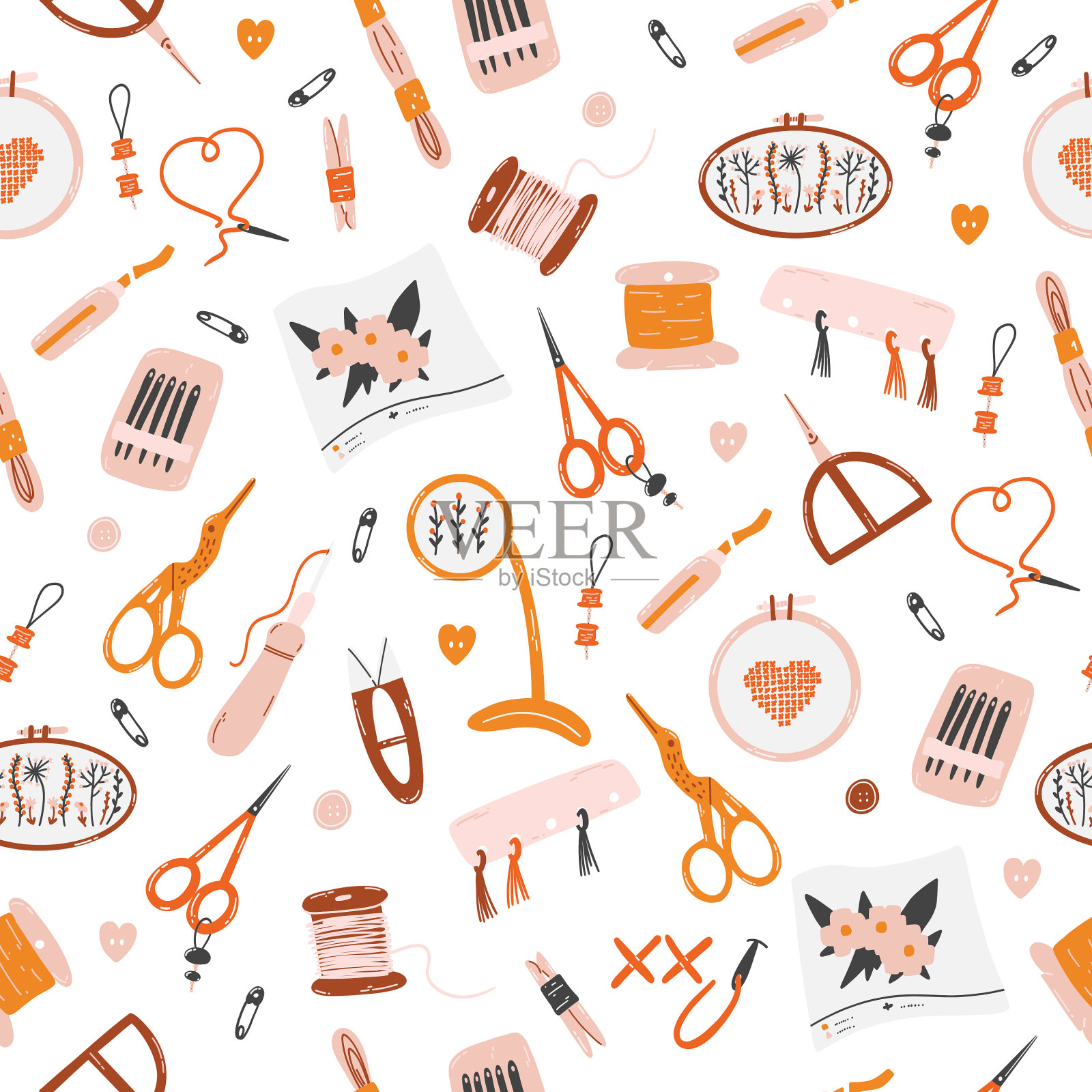 无缝图案与针线活工具插画图片素材