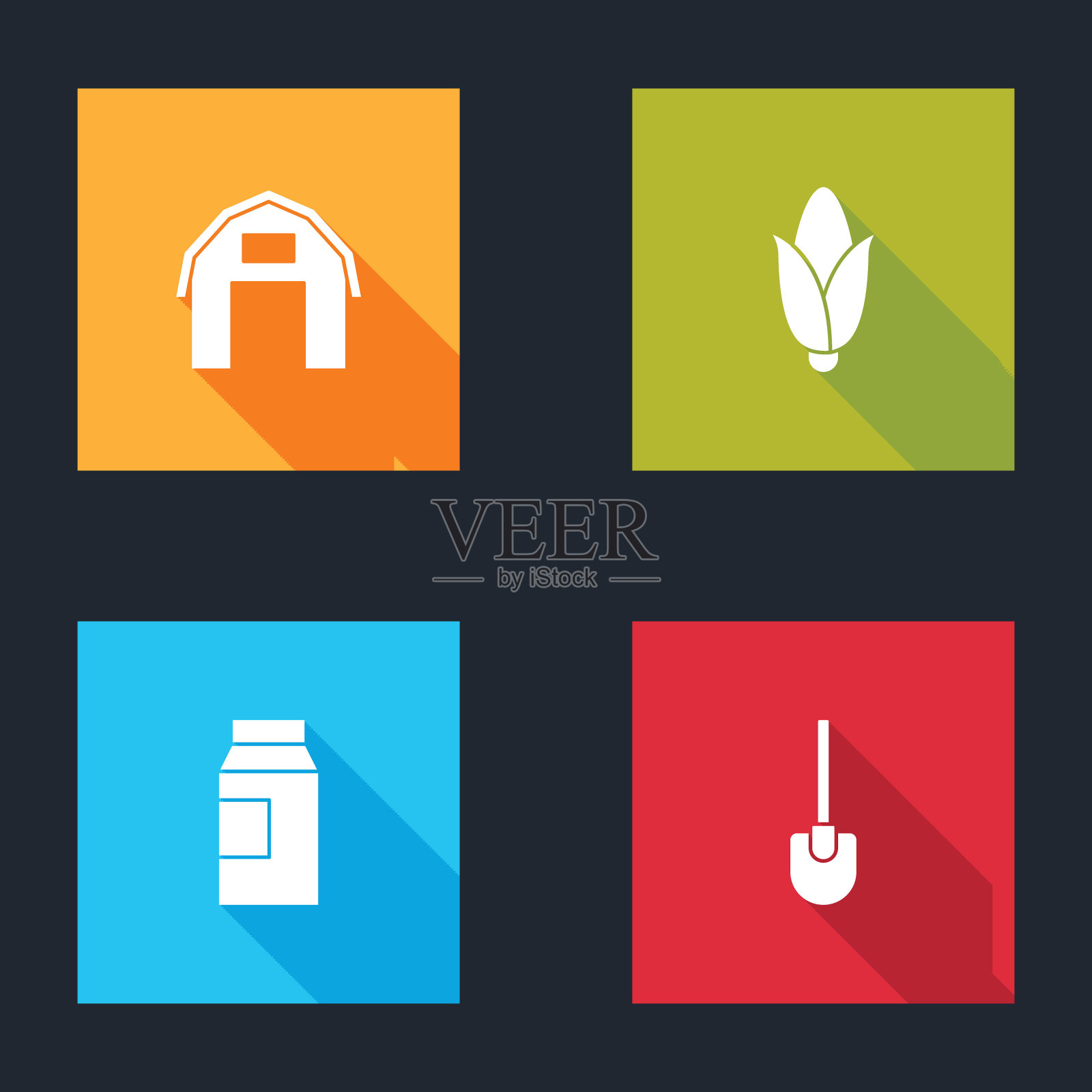 设置农场的房子，玉米，纸包装牛奶和铲子图标。向量图标素材