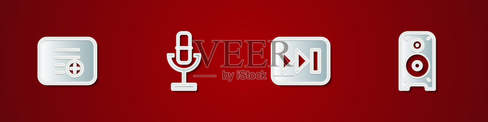 设置添加到播放列表，麦克风，快进和立体声扬声器图标。向量插画图片素材