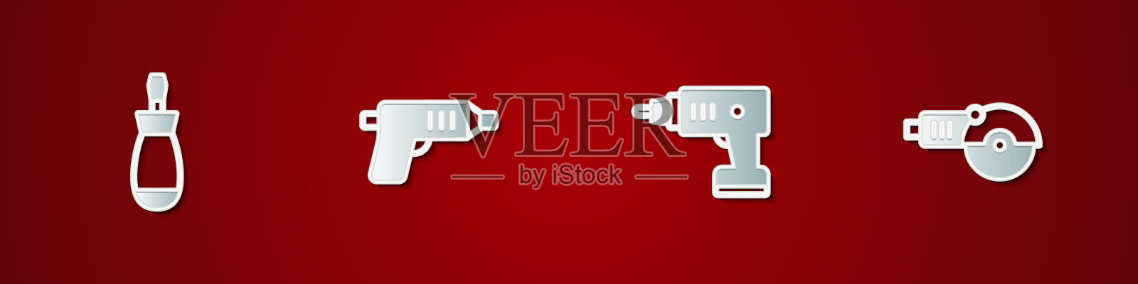 设置“螺丝刀”、“电动无绳螺丝刀”和“角磨机”图标。向量插画图片素材