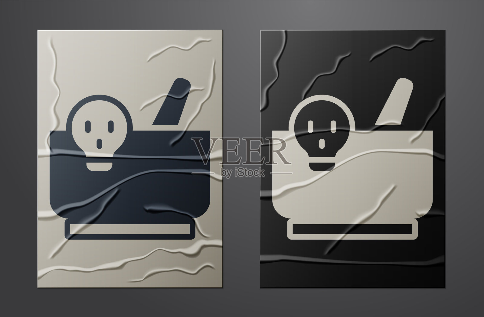 白色的研钵和杵图标孤立在一起，皱巴巴的插画图片素材