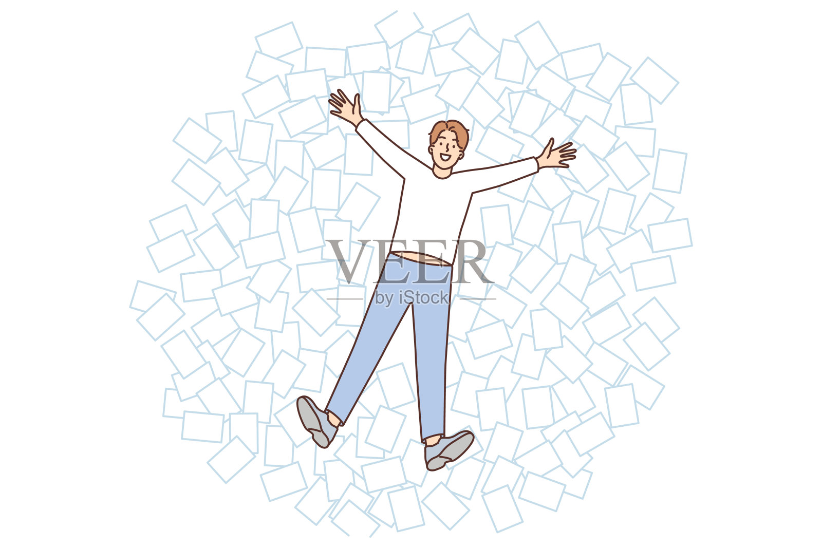 年轻人以天使的姿势躺在办公室文件中，享受休息，不注意混乱插画图片素材
