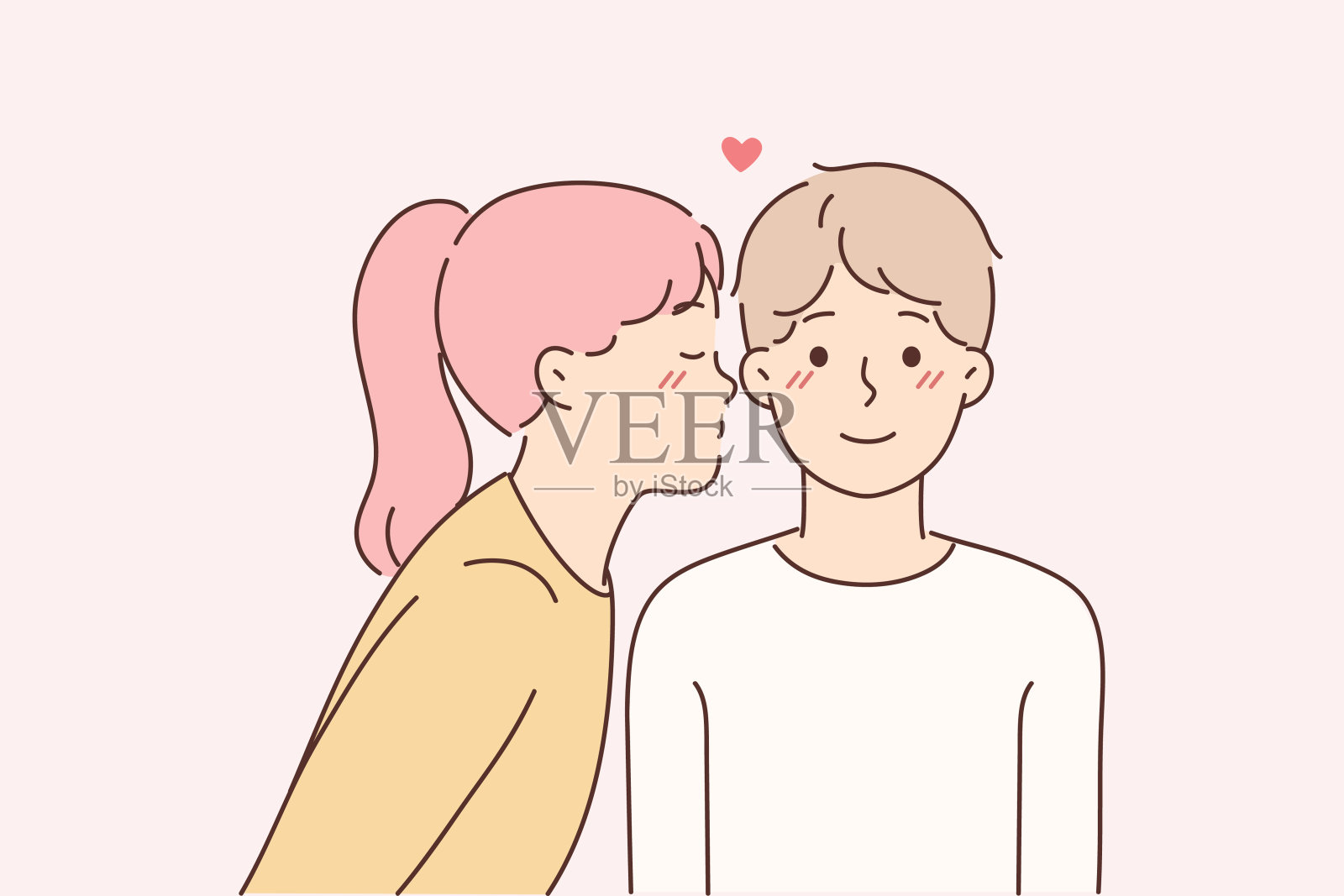 小女孩亲吻爱人的脸颊，以表达对男友的初恋插画图片素材