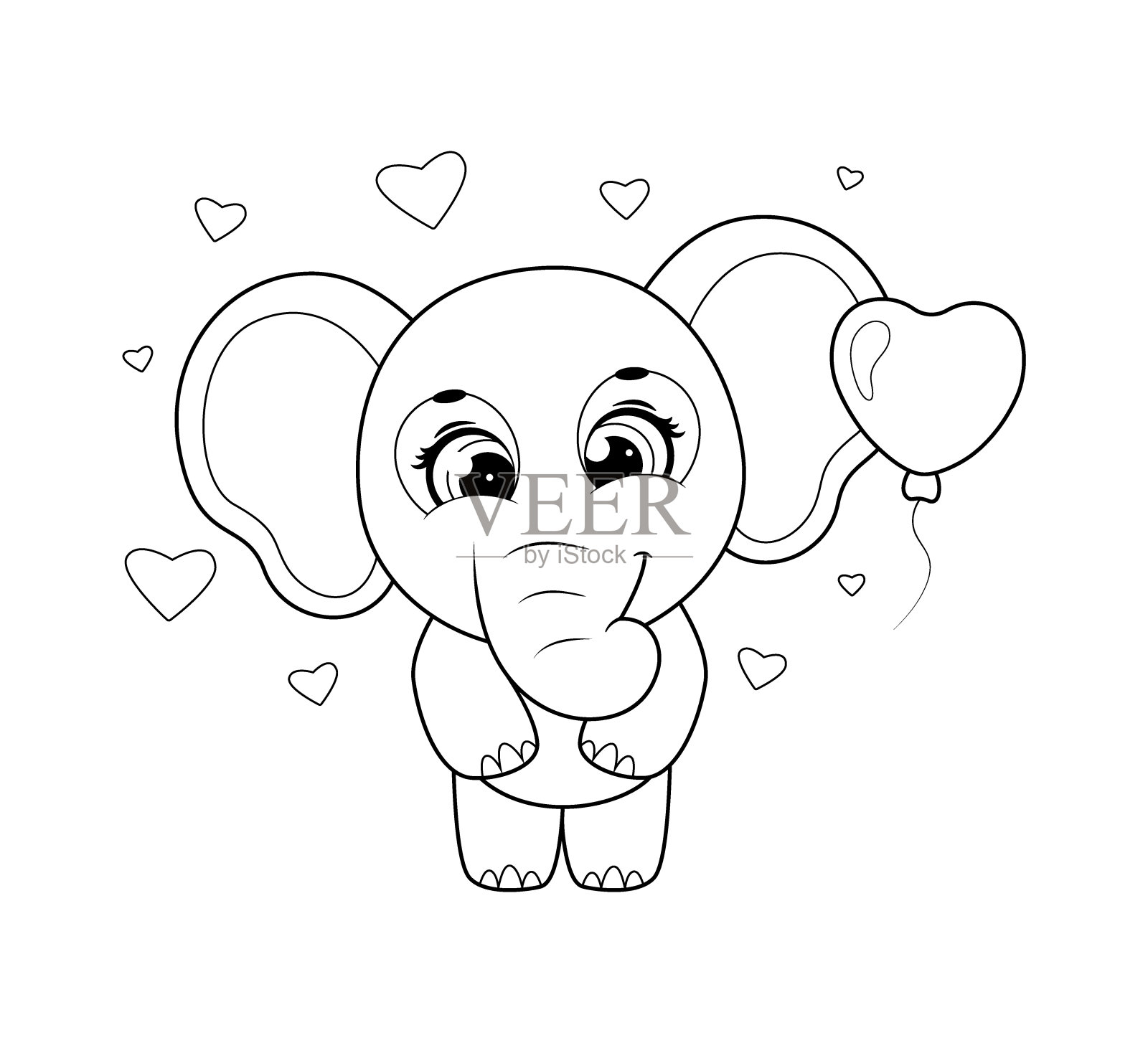 着色页面。可爱的卡通大象和气球插画图片素材