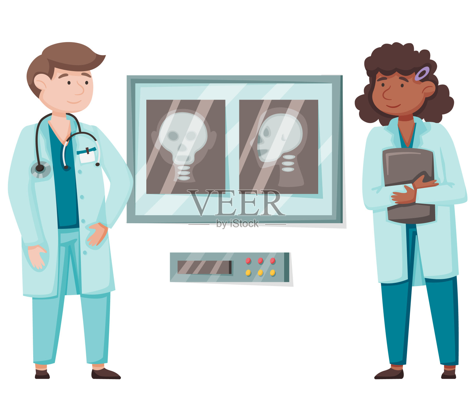 医生会议的概念与治疗师和医师讨论人体头部x光在会议在诊所插画图片素材