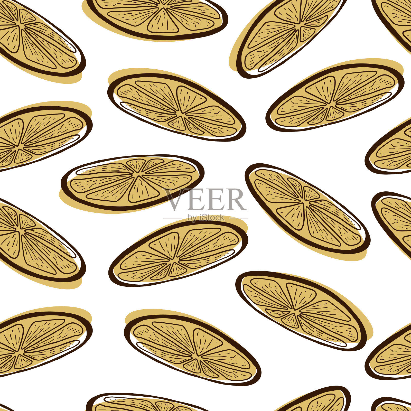 无缝图案与手绘柑橘柠檬片。用无缝图案涂鸦柠檬片插画图片素材