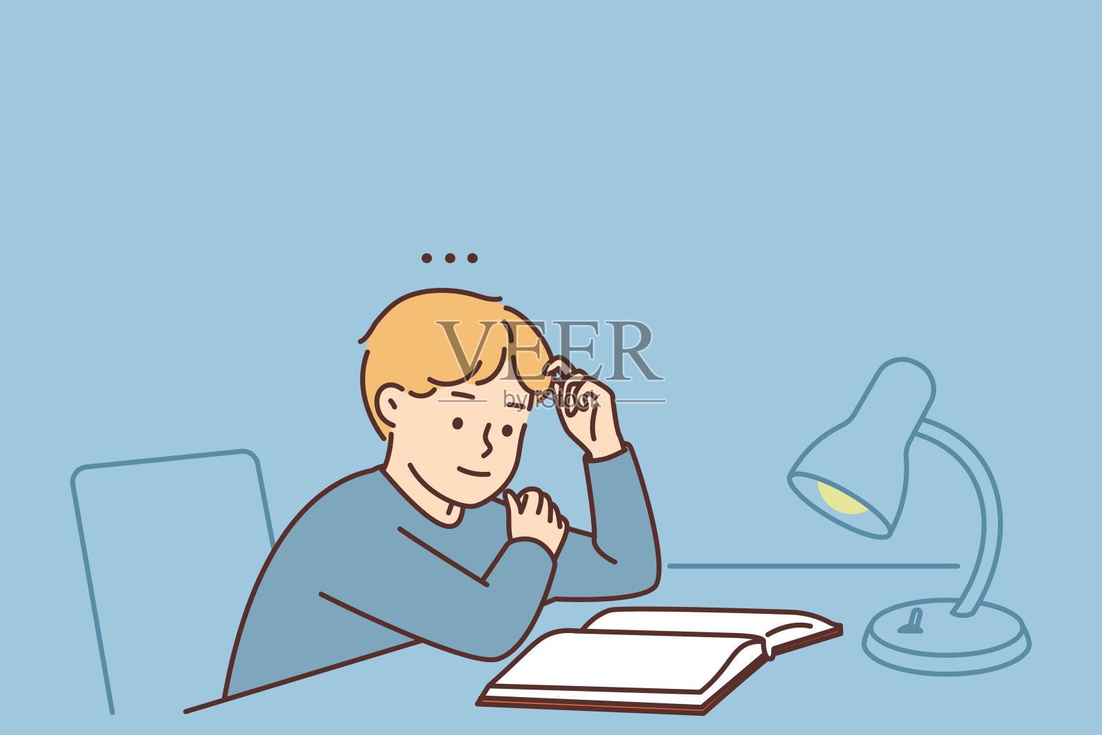 男孩坐在书桌前看书插画图片素材
