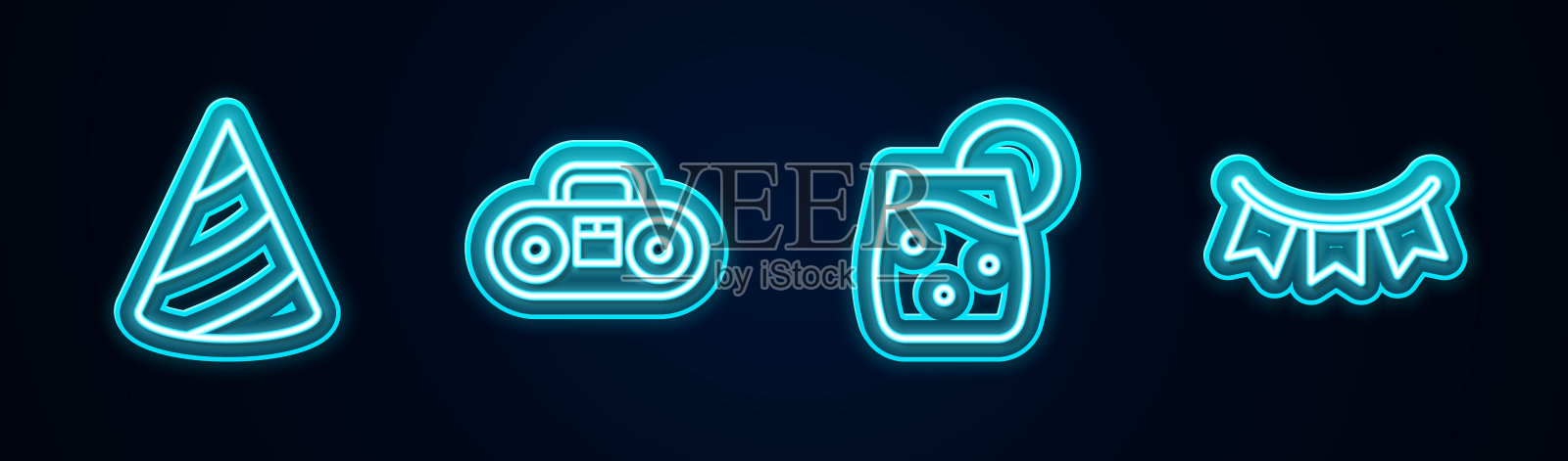 设置线派对帽，家庭音响与两个扬声器，鸡尾酒和嘉年华花环旗。发光的霓虹灯图标。向量图标素材